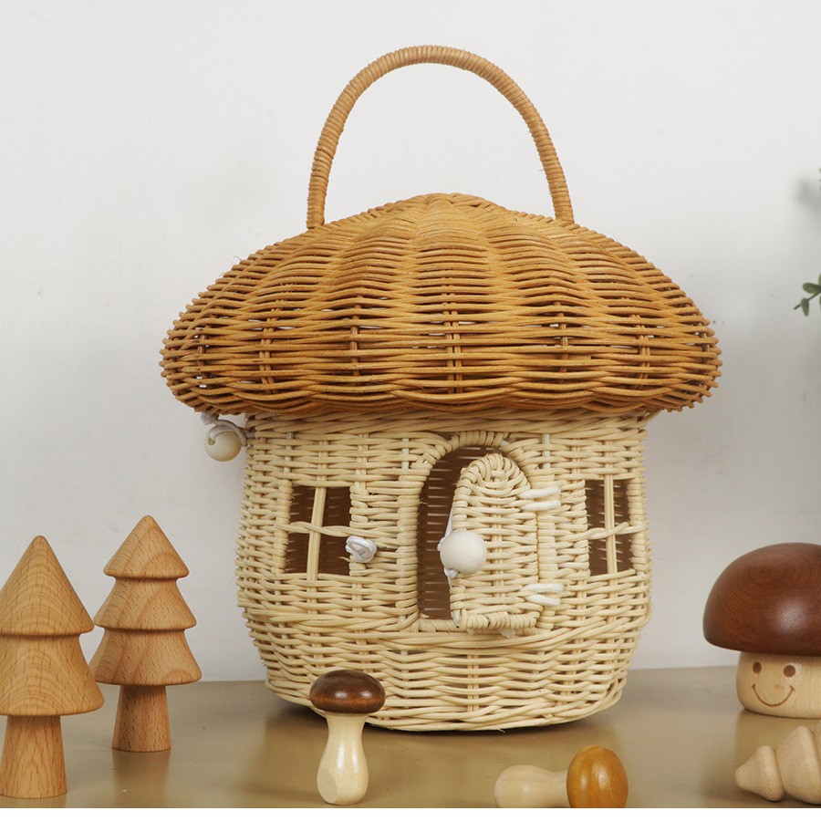 Bolsa de mano de bellota tejida personalizada hongo de caña tejido a mano juguetes para niños cestas de cubierta de cestas de almacenamiento props de fotografía