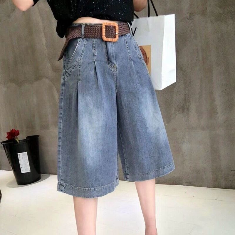 넓은 다리 데님 바지 여성용 카프리 바지 여름 착용 얇은 유행 느슨한 슬리밍 바지 캐주얼 스트레이트 트렌디
