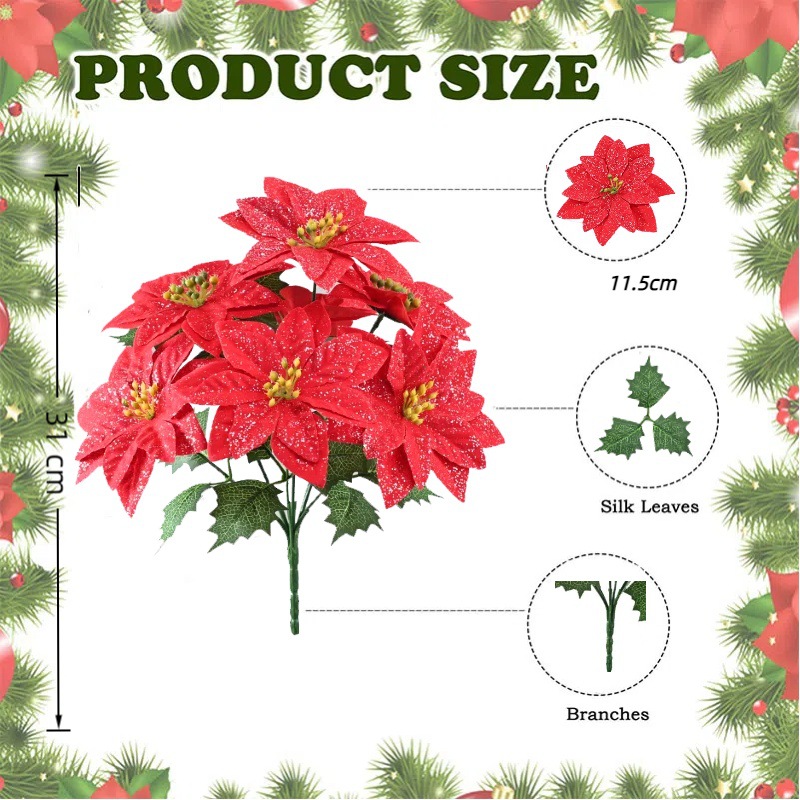 Simulación de flores de Navidad de 7 dientes, decoración de Navidad de flores falsas, actividades de vacaciones, artículos de boda en venta caliente