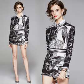 实拍-欧美时尚百搭修身定位印花衬衣+收腰印花短裤套装