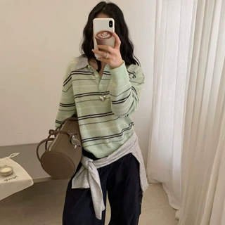 100%全羊毛韩系2026秋冬时尚条纹针织衫女宽松显瘦百搭长袖上衣女