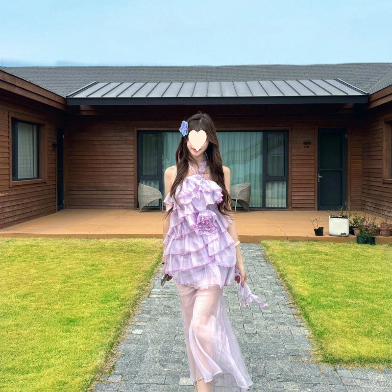 2025 新しい夏のスタイルフレンチフリルメッシュホルターネックドレス女性の海辺の休暇美しい不規則なロングスカート|undefined