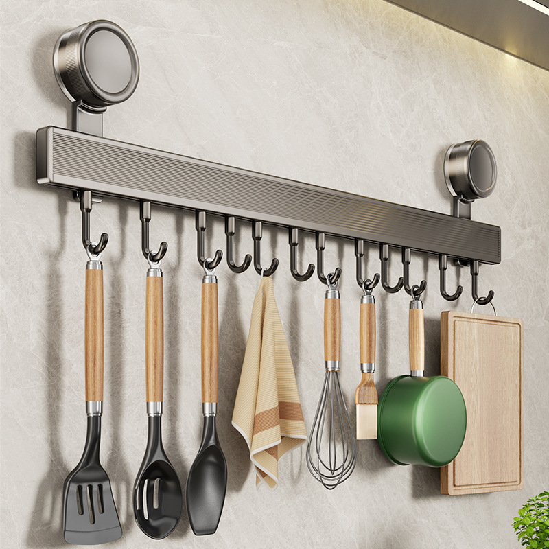Suction Cup Kitchen Hook Hanging Rod Punch-Free Storage Rack Pot Spatula Spoon Integrated Hook Rack Wall-Mounted Storage Rack