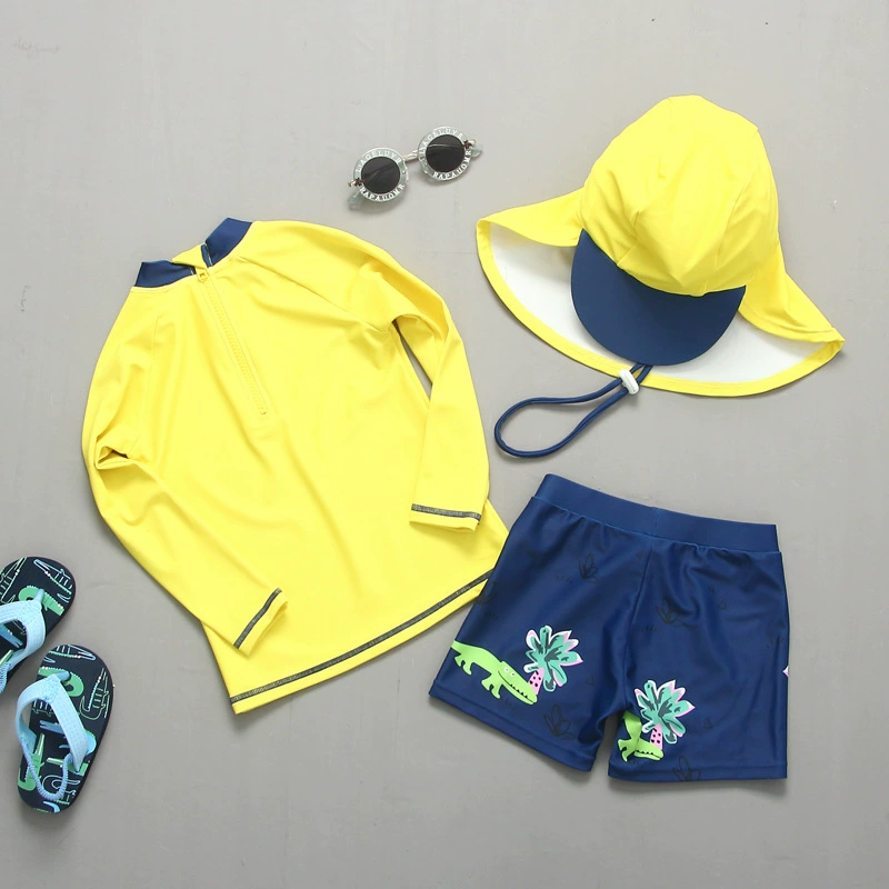 Children's beach swimwear, overall for boys, sun protection cream, split long-sleeve, dinosaur, set, South Korea
