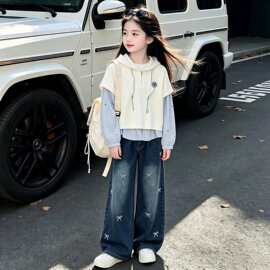 女童春装套装2026新款儿童韩版洋气长袖中大童牛仔阔腿裤两件套潮