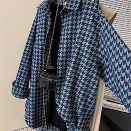 春秋胖斤设计感千鸟格子衬衫女大码宽松中长款牛仔遮肉外套