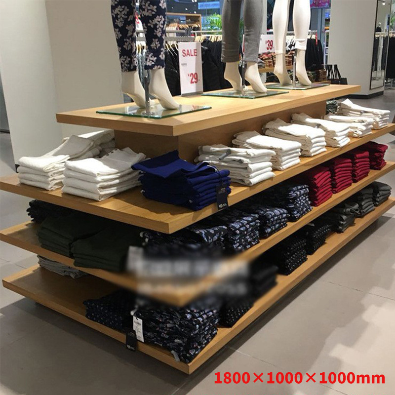 Tienda de ropa soporte de exhibición pantalones de piso gabinete de exhibición de tres capas bolsa de promoción de mesa para correr estante de doble cara Gabinete de zapatos de rack de isla