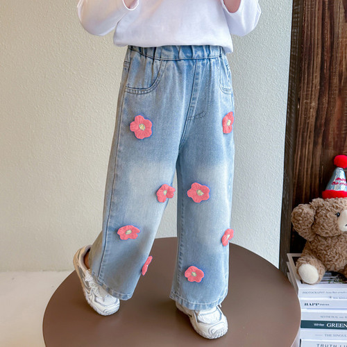 Girls' Pants Spring and Autumn Set 2025 Children Loose Wide Leg Pants Spring Korean Version Girls' Straight Leg Jeans
