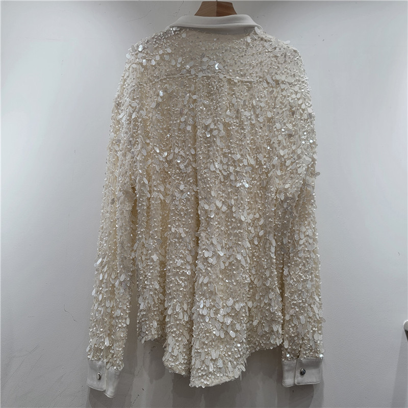 Diseño de cuentas de lentejuelas de estilo europeo y americano camisa de nicho avanzada moda relajada camisa casual moda femenina