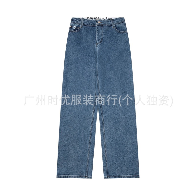 C牌新款皮标重磅微弹牛仔布双腰松紧直筒低腰宽松牛仔裤女生款|undefined