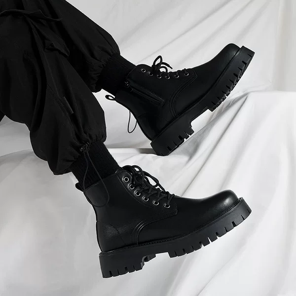 Side Zipper Martin Boots 2026 Spring New Style Black Height-Increasing Thick-Soled British Style Motorcycle High-Top Leather Shoes Work Shoes