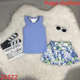欧美精品店童装外贸批发新款瑜伽服女孩蓝色花朵印花夏季吊带套装