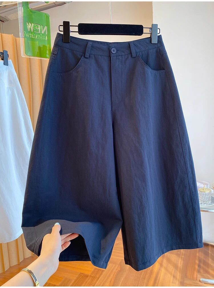 Quần culottes nữ ống rộng cạp cao dáng suông — Xanh lông mòng đen chi tiết 11