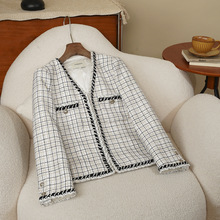 安斐欧娜新款小香黑白格纹粗花呢手工编织花边V领链条女外套