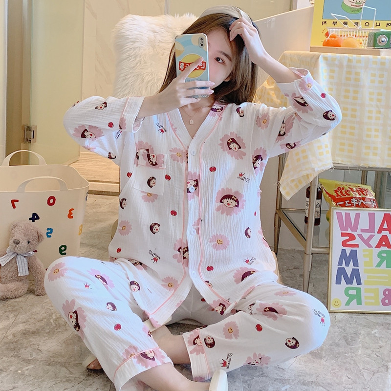 Cotton gauze monthly clothing summer thin postpartum lactation April 5 pregnant women pajamas women parturient cotton two-piece set