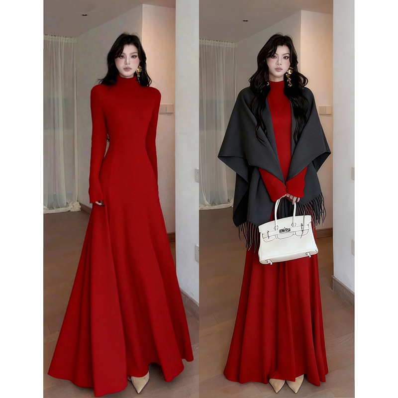 Red Half Turtleneck Knitted Dress for Women in Autumn and Winter, Slim Waist, Long-Sleeved Coat with a Very Beautiful Long Skirt Inside