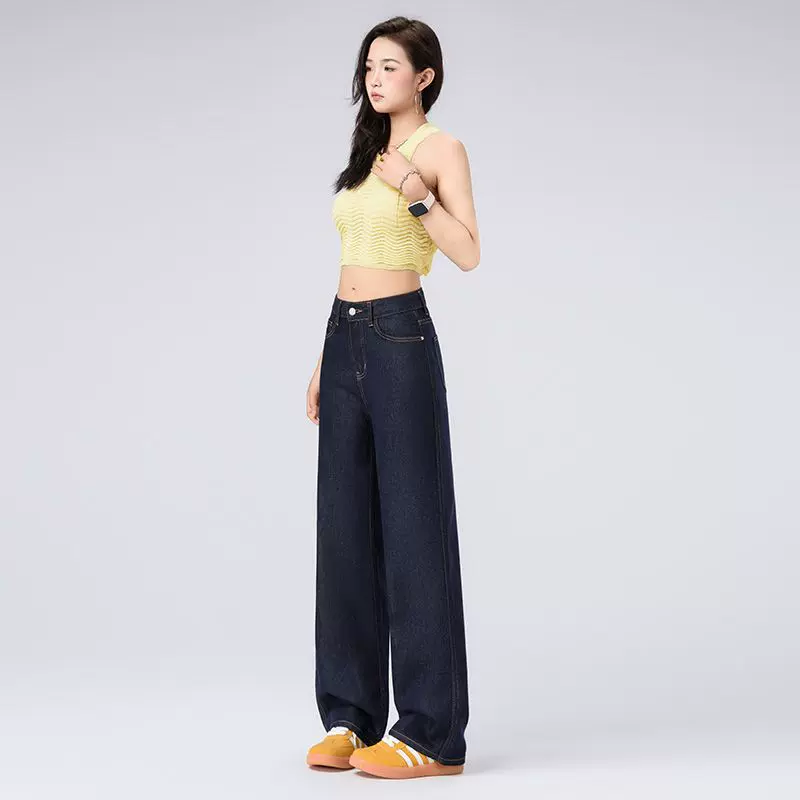 深蓝不掉色莱赛尔天丝牛仔裤女夏季薄款高腰宽松显瘦垂感直筒裤子