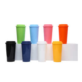 跨境亚马逊厂家直供双层塑料16oz咖啡杯大容量男女马克龙色直饮杯