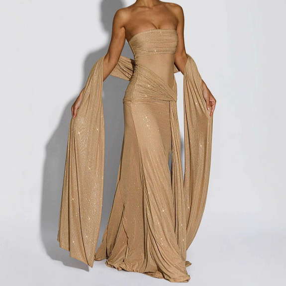 2025 New European and American Amazon Cross-Border Foreign Trade Women's Elegant and Fashionable Asymmetrical Sequin Tube Top Ribbon Long Skirt