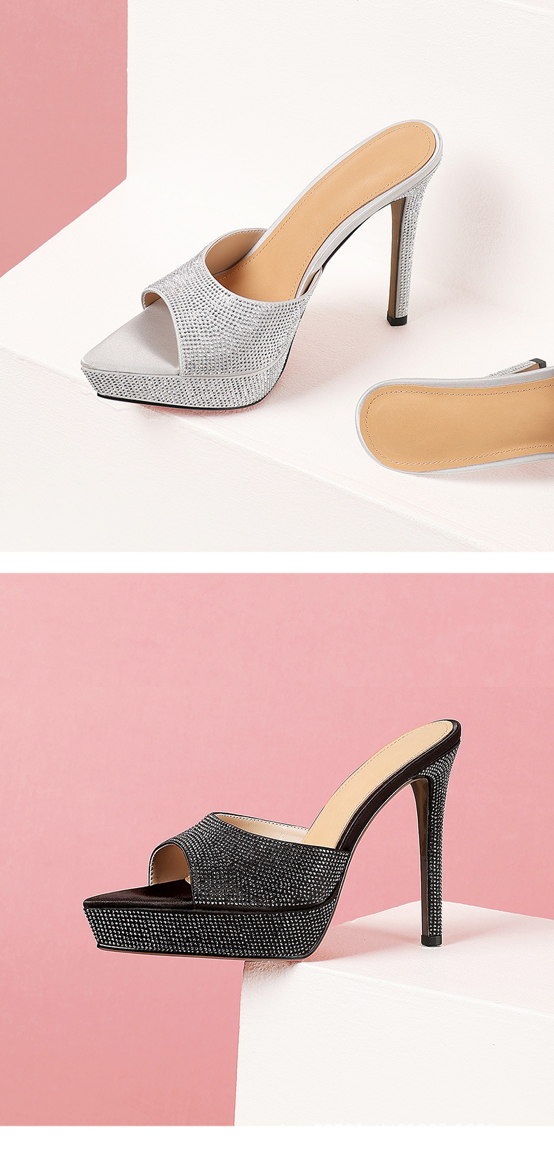 Sandal cao gót nữ hở mũi đính đá platform gót nhọn 9 cm — Champagne màu chi tiết 10