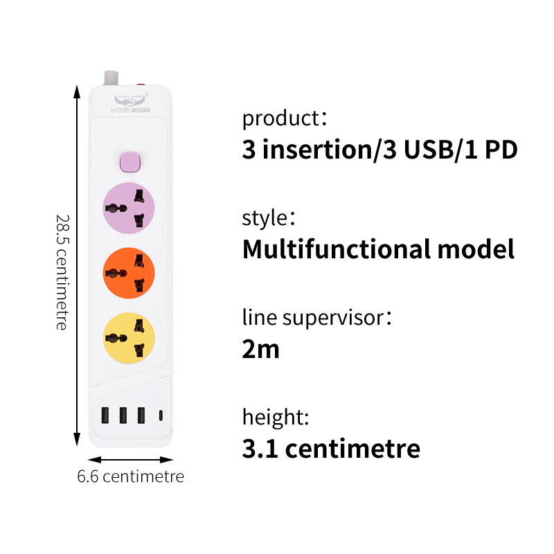 Protector de sobrecarga con cable eléctrico con puerto USB-C cargado con conector de conector de cable de extensión de color
