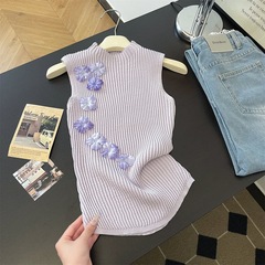 ニットセーター紫色の立体花アイスシルクニットベスト女性の夏のホットガール新しいスリムフィット多用途トップ