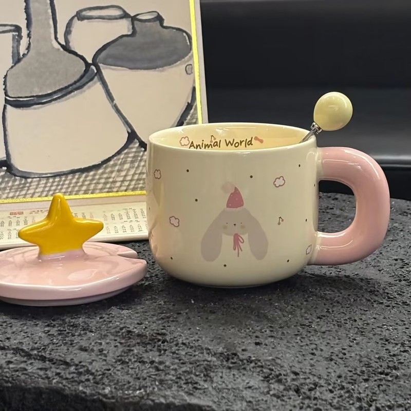 かわいいスター蓋カップ漫画セラミックマグ高価値水カップ蓋付き誕生日ギフト女の子のお土産|undefined