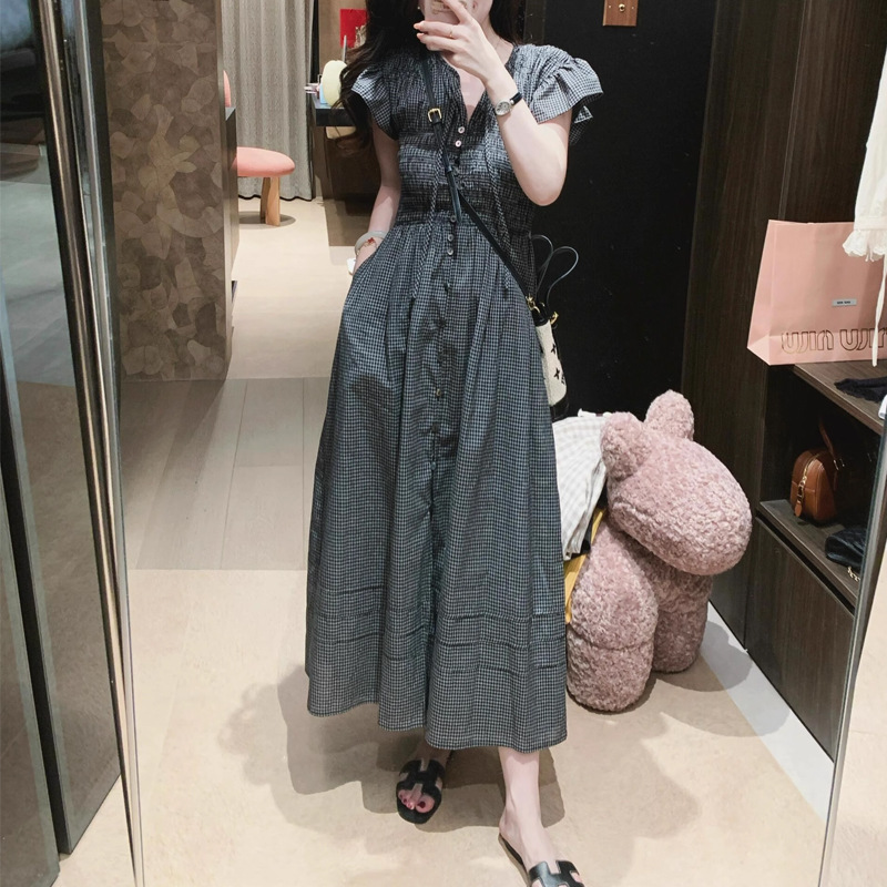 フレンチレトロな黒と白のチェック柄レースアップパフスリーブドレス女性の夏の気質ウエスト痩身デザインロングスカート