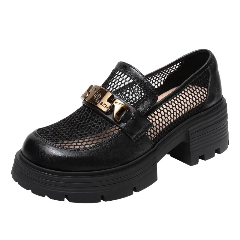 Zapatos Lofu de suela gruesa de malla para mujer 2025 nuevos zapatos de mujer de un solo pedal estilo de verano zapatos de cuero de estilo británico zapatos individuales huecos