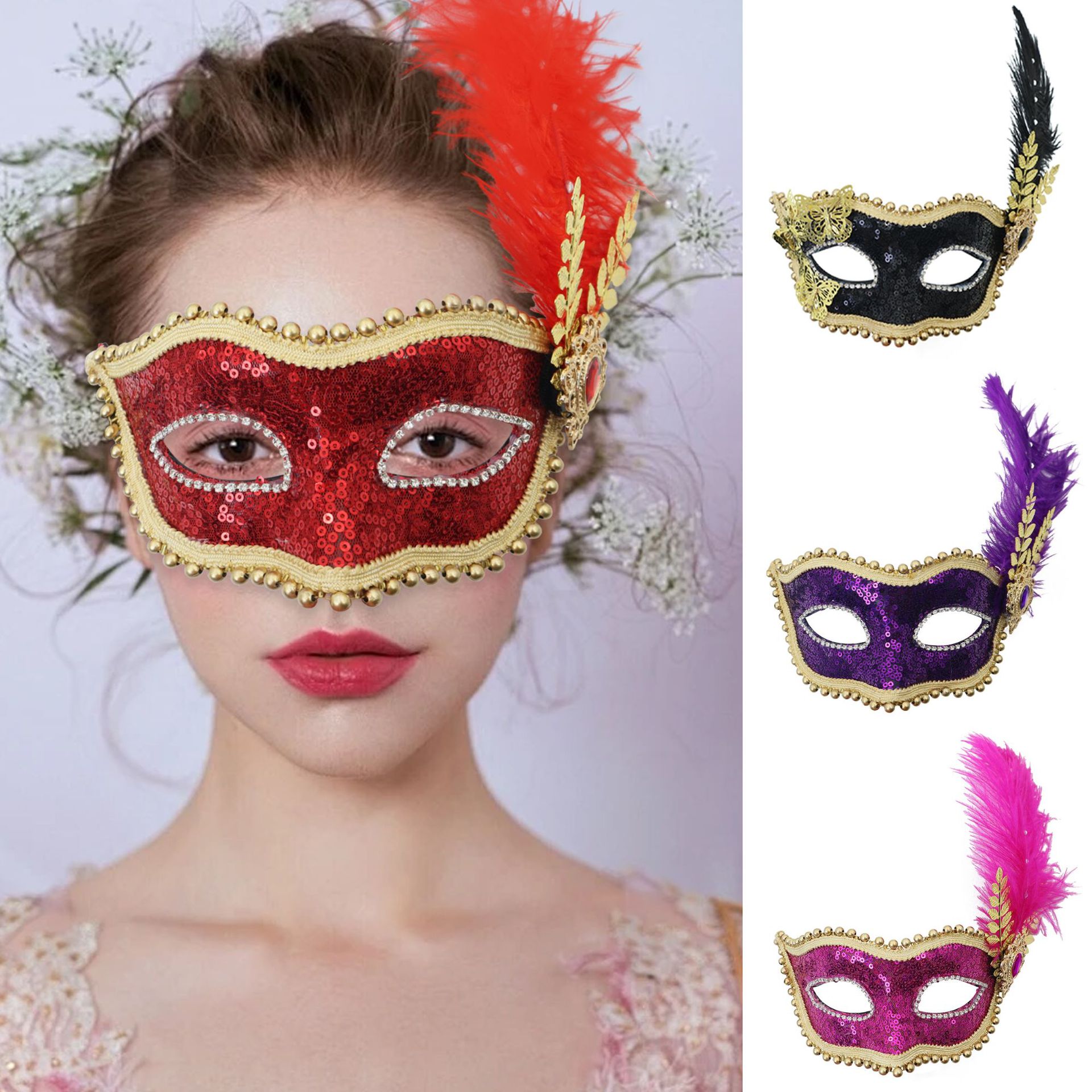 Amazon venta caliente carnaval borde lateral plumas metálicas mariposas retro máscaras de mitad de cara romana baile de maquillaje