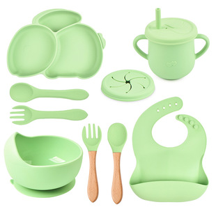 Set for feeding, silicone tableware, rabbit, cartoon dinner plate, bib with glass, 9 pieces