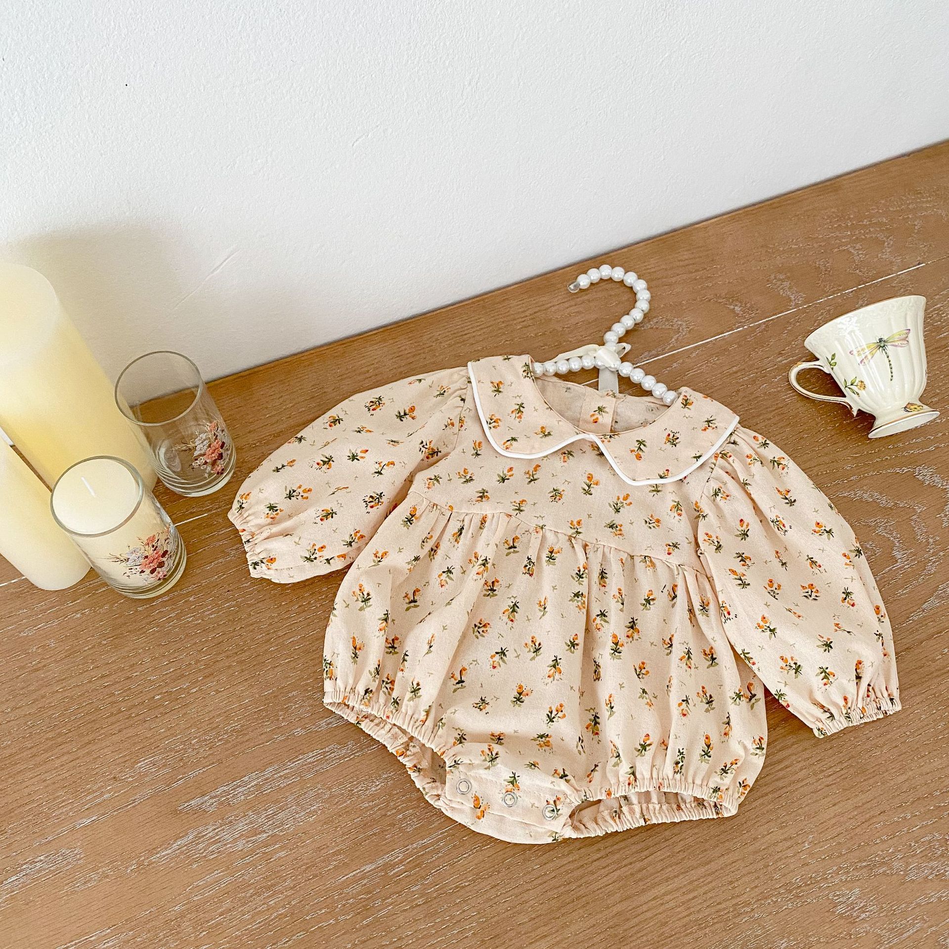 Ins 2024 autumn outfit girl baby doll collar floral long sleeved triangle Ha crawling clothes jumpsuit_voghion.com