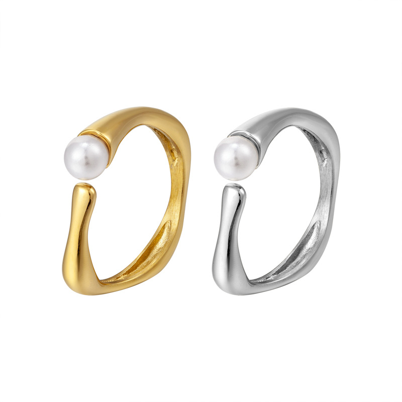 1 Piece Simple Style Solid Color Titanium Steel Plating Inlay Pearl Rings display picture 2