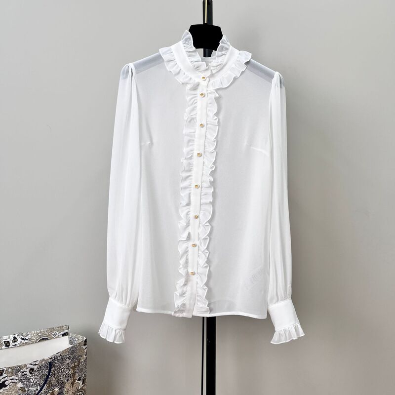 New High-end French-style Wood-ear-rimmed Silk Shirt Women's Elegant Foreign-style Lace Ribbon Collar Shirt Top