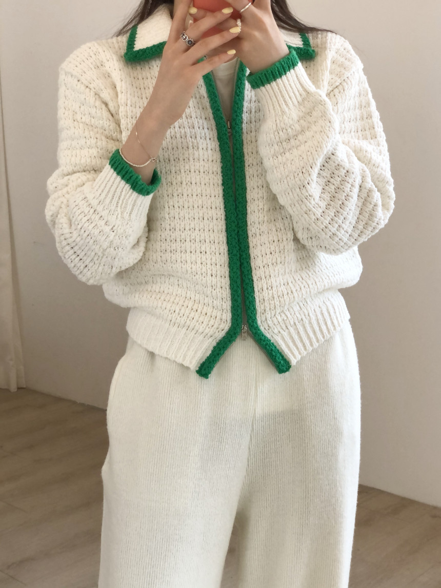 Contrast Thick Needle Zipper Cardigan Sweater Coat