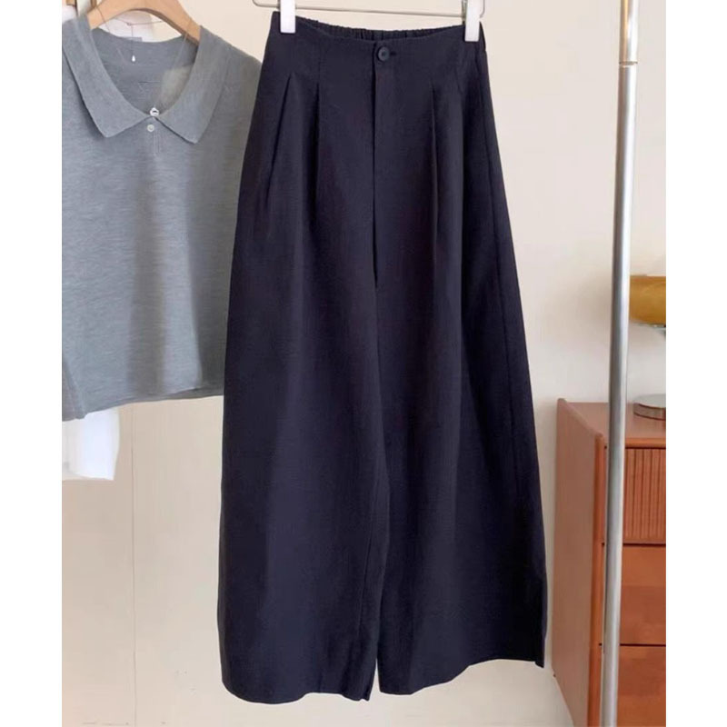 Good to wear to scream, word-of-mouth explosions! navy blue Linen Wide Leg Pants Summer Loose Hip Covering Slim Cropped Pants