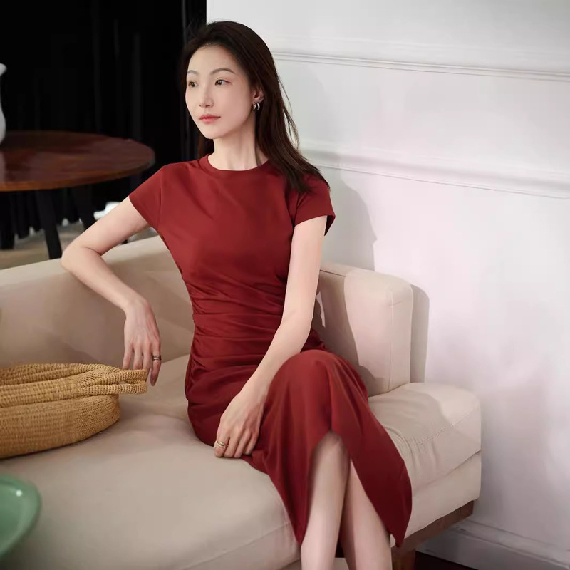 Pinch Waist Skirt Japanese Air Layer Stretch Belly Cover Waist Fold Design T-shirt dress