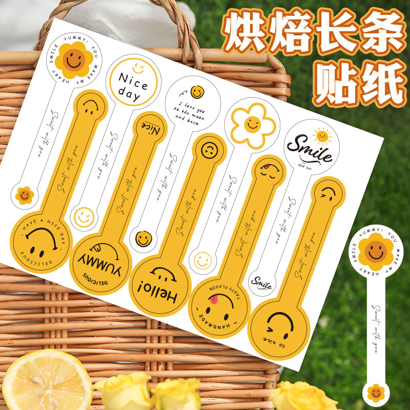 in stock Wholesale Yellow Smiley Baking Long Sticker Ins Style Cute Round Cookie Canned Decorative Label