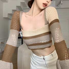 春秋季女装新款Y2K辣妹时尚复古网眼镂空露背系带喇叭袖针织衫