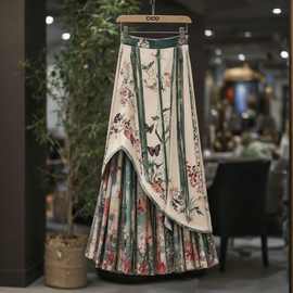 复古洋气竹叶印花半身裙女装2025秋季新款不规则拼接高腰减龄裙子