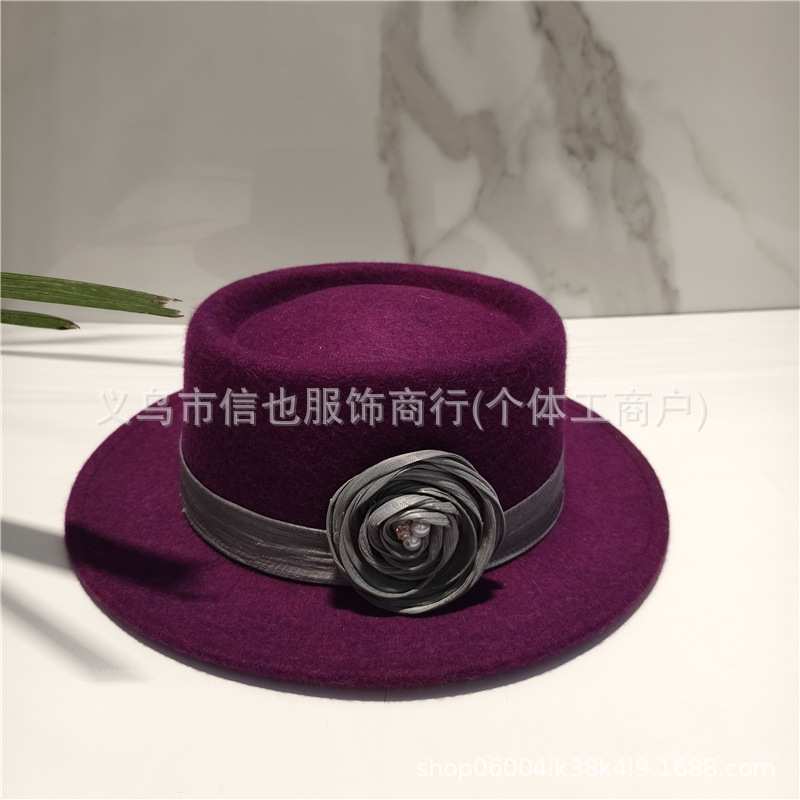 一眼心动法式高端高奢手工羊毛礼帽真丝麻花朵羊毛爵士帽赫本礼帽|undefined