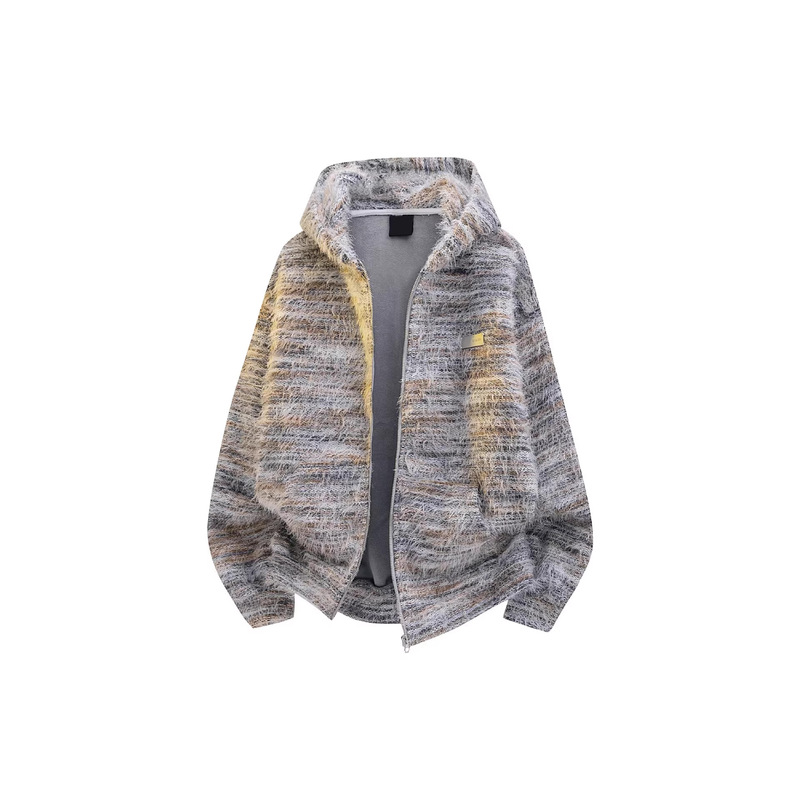 Furry Gradient Striped Zipper Sweater for Women, Autumn and Winter American Retro Lazy Style Loose Oil Painting Knit Cardigan