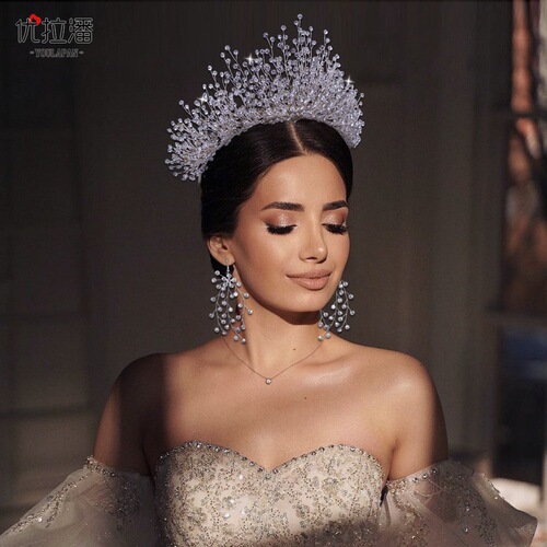 Youlapan European and American wedding dress large crown headdress wedding three-piece set bride's atmospheric encrypted rhinestone hair accessories HP193