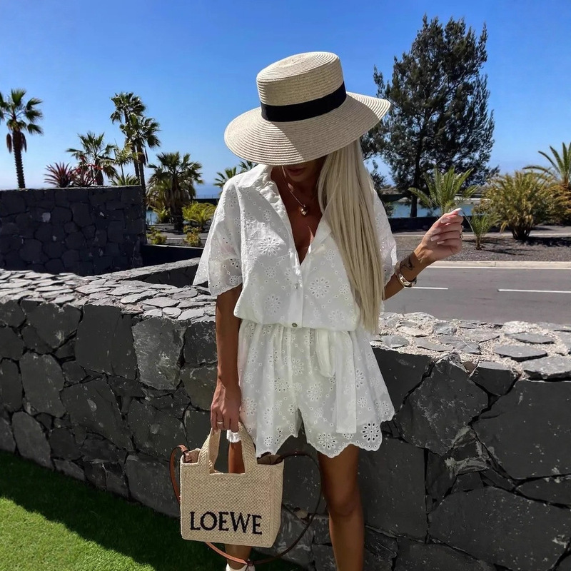 Cross-Border Export 2025 Spring and Summer European and American Russian Women's New Pure Color Embroidered Lace Shirt Jumpsuit Suit