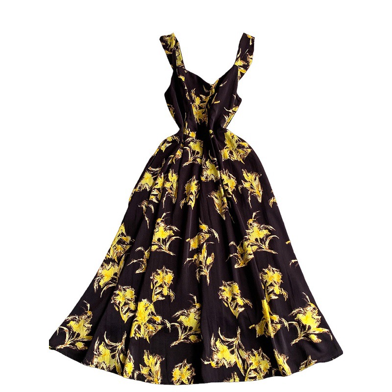 Women's Oil Painting Style Floral Print Sundress Square Neck Maxi Dress Slimming Waist Cinching Summer Design For Vacations_ecoleips.com