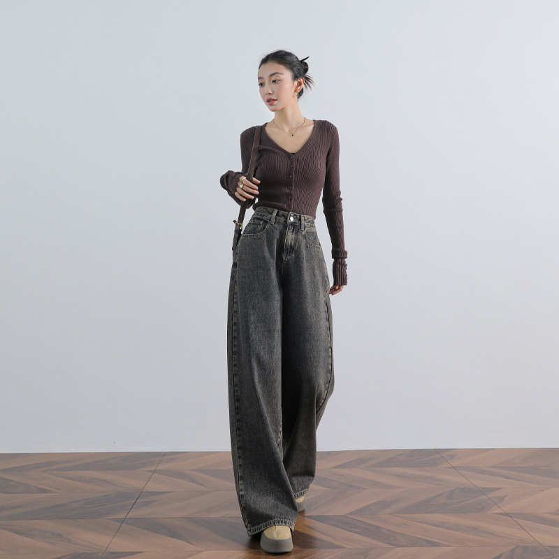 HYS | 2024 가을과 겨울 새로운 미국의 복고풍 향수 블루 그레이 느슨한 조커 넓은 다리 걸레 청바지 여성