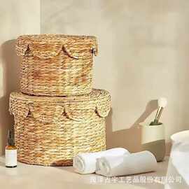 跨境草编收纳篮带盖花边款杂物化妆品整理筐客厅零食水果储物筐