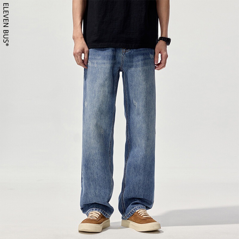 Spring and Summer New Loose American Style High Street Straight Jeans Men's Trendy Brand Retro Washed Wide Leg Jeans Trendy Men's
