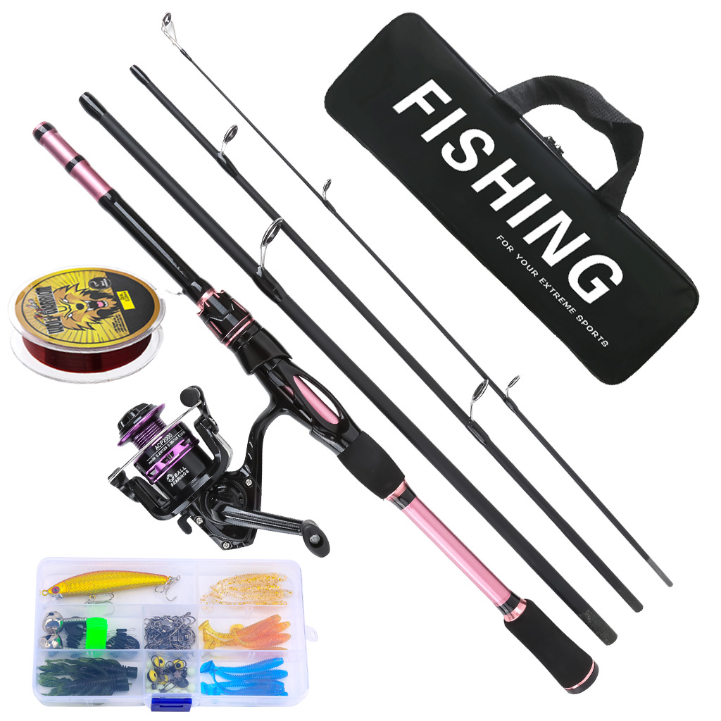 Cross-border 1.8M pink four-section lure fishing rod set with spinning reel and straight handle fishing rod, manufacturer wholesale for foreign trade