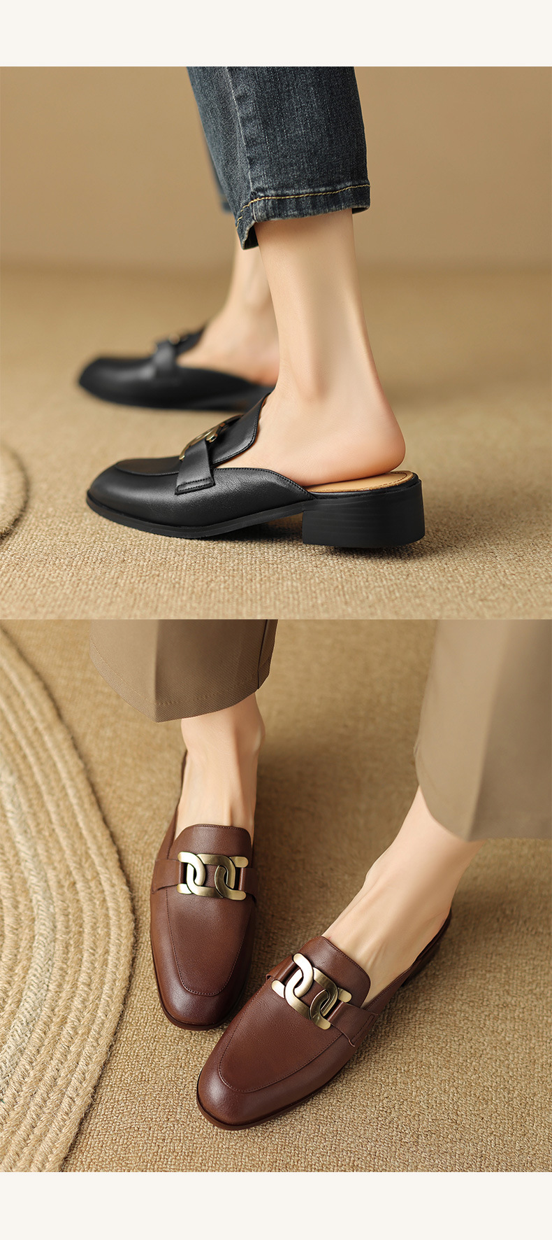 Giày mule nữ da bò mũi nhọn gót thấp 2 cm — Màu đen chi tiết 8